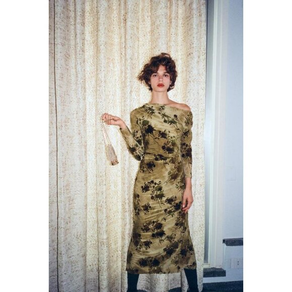 ZARA GATHERED FLOCKED DRESS - Picture 1 of 9